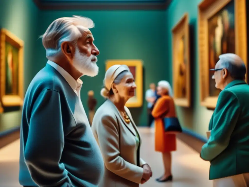 Grupo de viajeros mayores disfrutan de visita cultural Viajeros maduros disfrutan de experiencias enriquecedoras en un museo lleno de arte y cultura