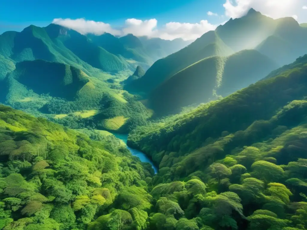 Paisaje paradisíaco: bosque, montañas y cascada Aventuras ecológicas en bosque verde con montañas, río serpenteante y cascada mística