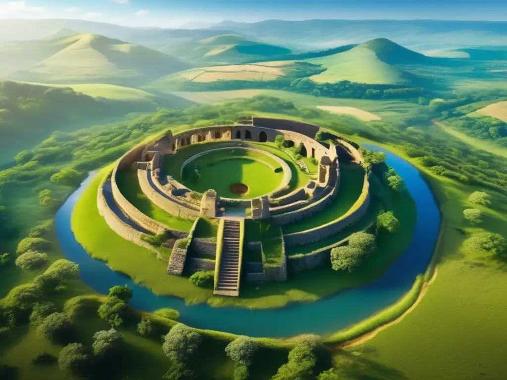 Ruinas antiguas en paisaje verde Destinos arqueológicos para viajeros maduros - Vista aérea impresionante de un sitio arqueológico antiguo rodeado de exuberante vegetación