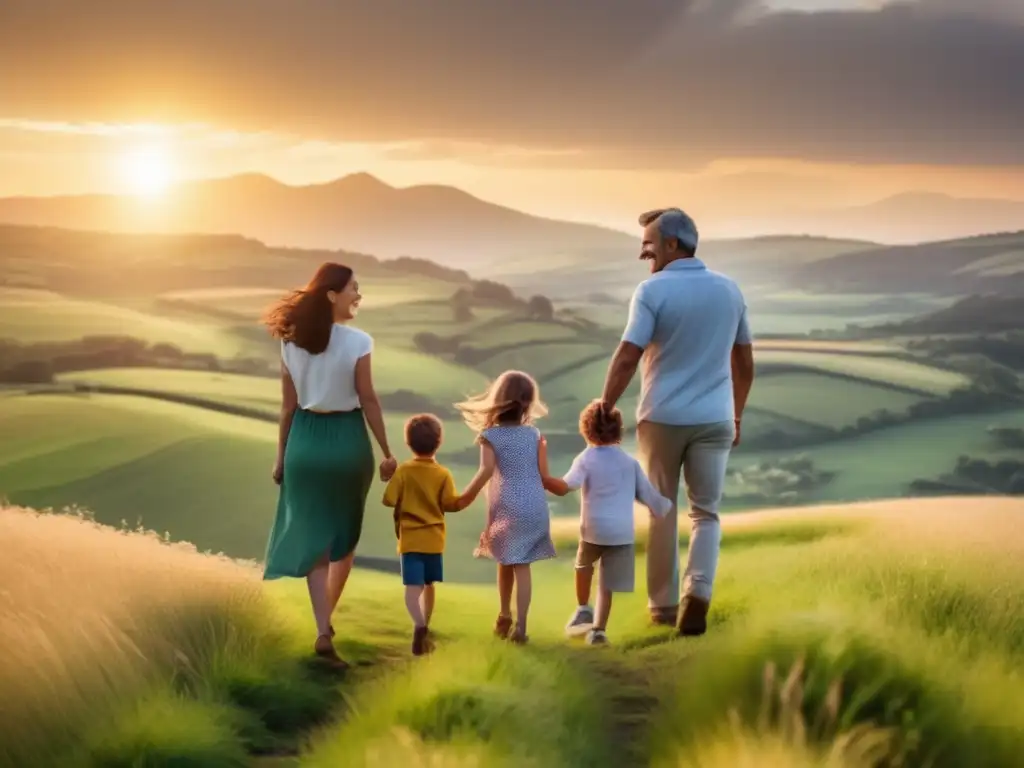 Familia de cuatro en un paisaje encantador con río, montañas, aldea y globo aerostático
