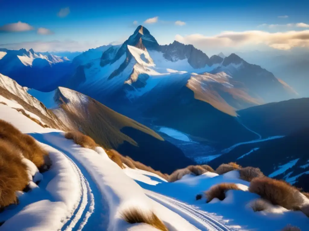 Majestuosa cordillera nevada en la distancia Paisaje de montañas con nieve, sendero y cielo azul