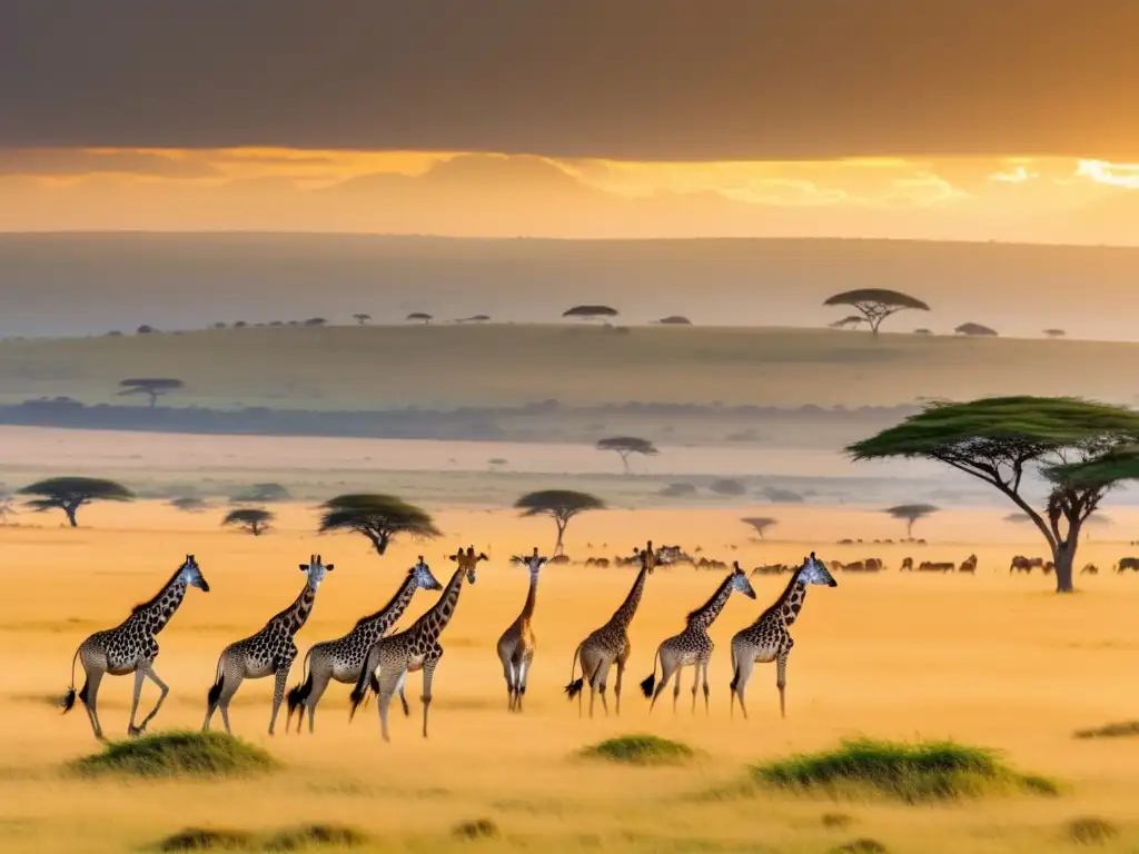 Majestuosa vista de la Reserva Masai Mara en Kenia Safari ecológico para seniors en Masai Mara: Majestuosa vista de la reserva con girafas en la sabana africana al atardecer