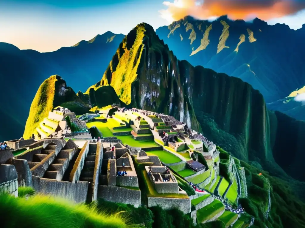 Majestuosas ruinas de Machu Picchu al amanecer Ruta sagrada en Machu Picchu: vista impresionante de las ruinas incas rodeadas de montañas y cascadas