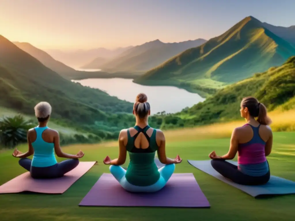 Yoga al amanecer en la naturaleza Retiro salud viajeros mayores, yoga al aire libre al amanecer con montañas verdes y lago tranquilo reflejando cielo vibrante