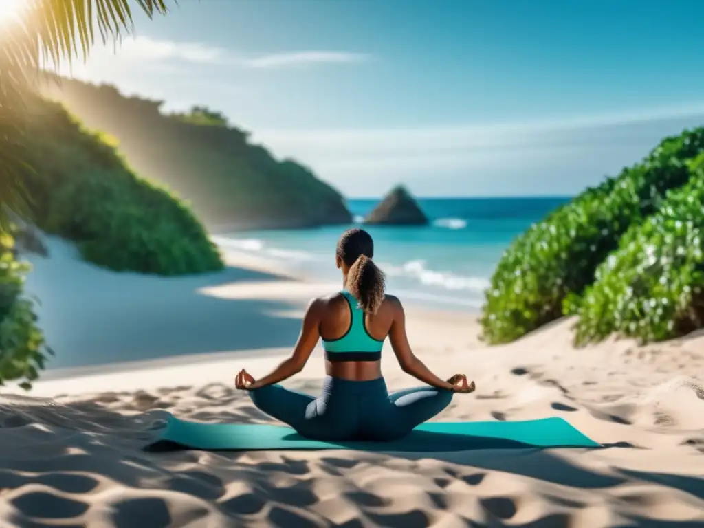 Yoga en la playa: bienestar físico y mental Importancia de hidratarse durante viajes: Imagen impresionante de 8k con una persona enfocada en ejercicio rodeada de exuberante vegetación