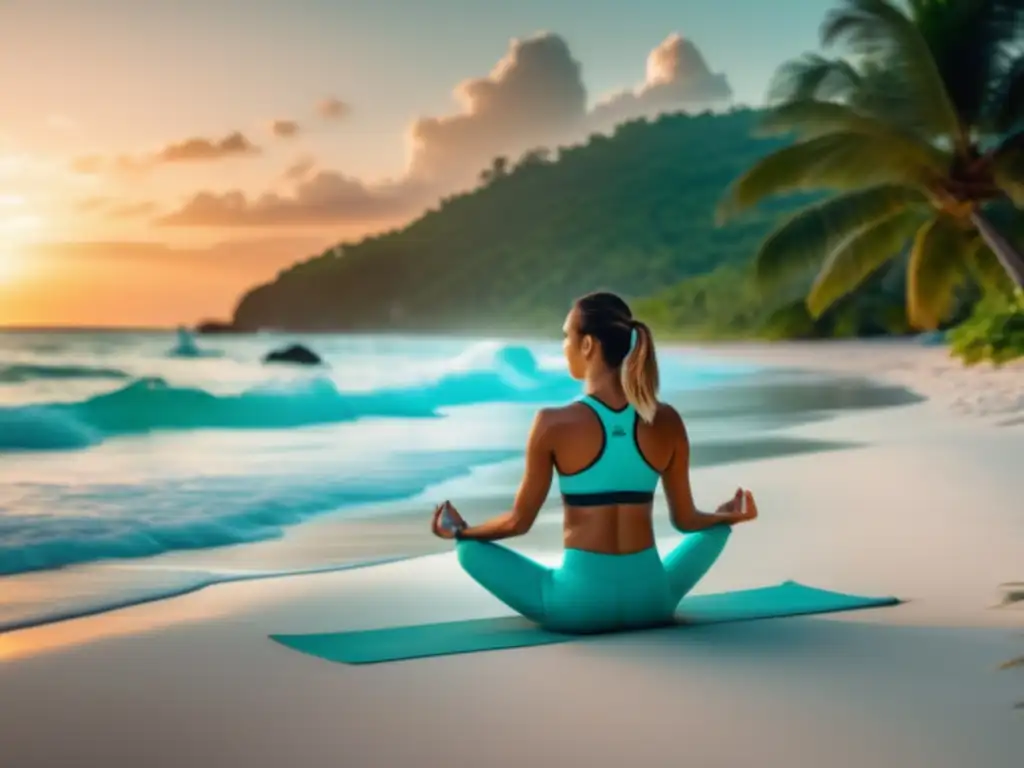 Viaje activo: Yoga en la playa al atardecer Mujer haciendo yoga en una playa tropical al atardecer, resaltando la importancia de hidratarse durante viajes