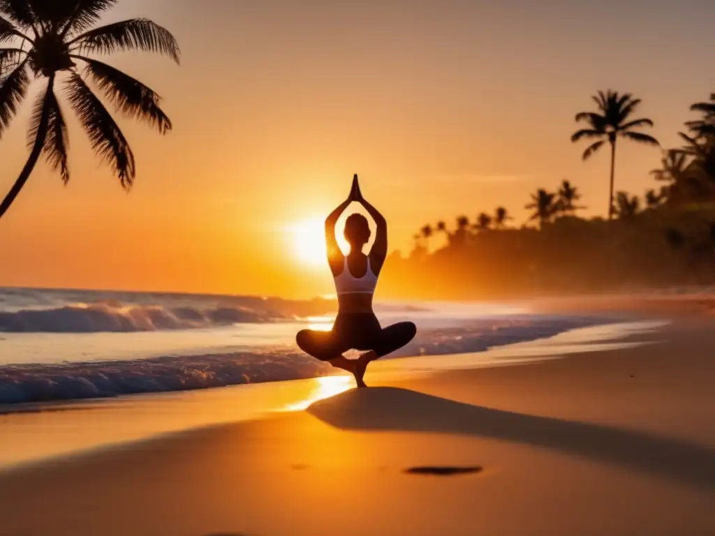 Yoga matutino en playa serena al amanecer Viajero maduro practicando yoga en una playa tranquila al amanecer