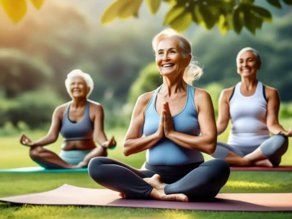 Yoga al aire libre con personas mayores sonrientes Beneficios del ecoturismo para mayores: grupo sonriente de ancianos practicando yoga al aire libre rodeados de vegetación