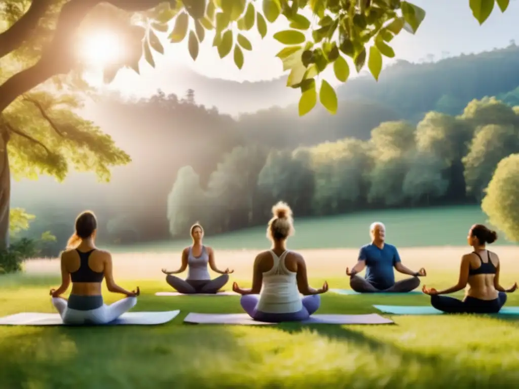 Yoga en la naturaleza Consejos para viajeros maduros en balnearios: sesión de yoga serena en un prado verde rodeado de altos árboles
