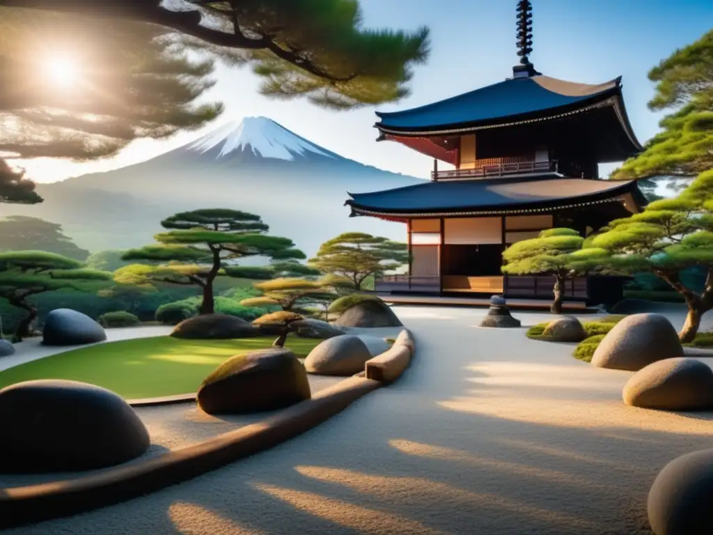 Jardín Zen en Japón: Serenidad y tradición Un paisaje zen en un jardín japonés; rítmicos patrones de grava rodean rocas y vegetación exuberante